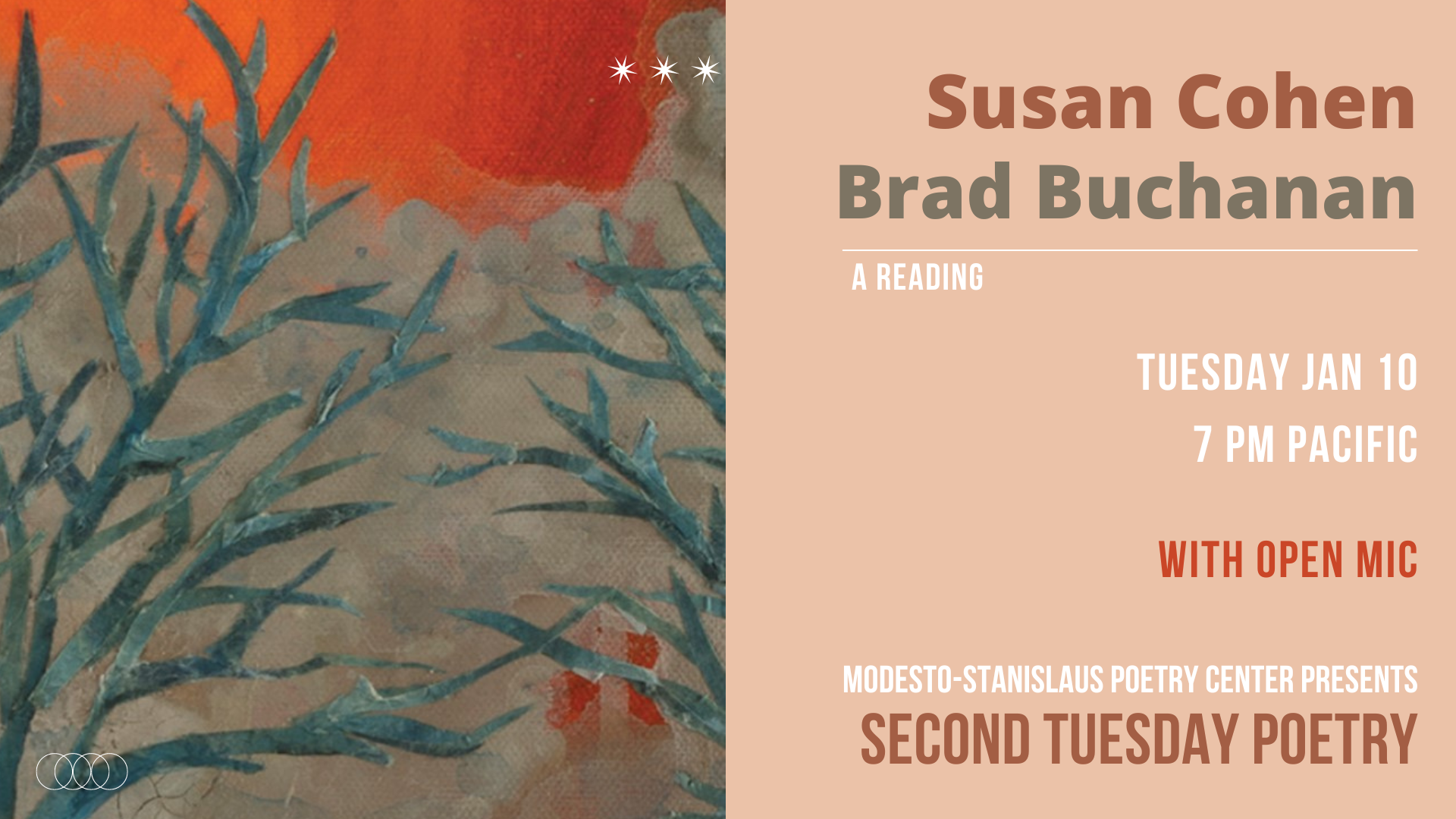 Jan 10, 2023: Second Tuesday poetry with Brad Buchanan and Susan Cohen. 7 pm PST on Zoom.