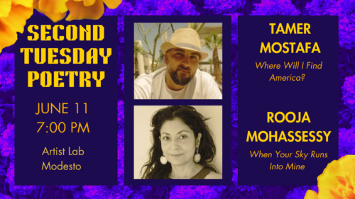 Decorative graphic for June 11 reading featuring Rooja Mohassessy and Tamer Mostafa at Artist Lab in Modesto